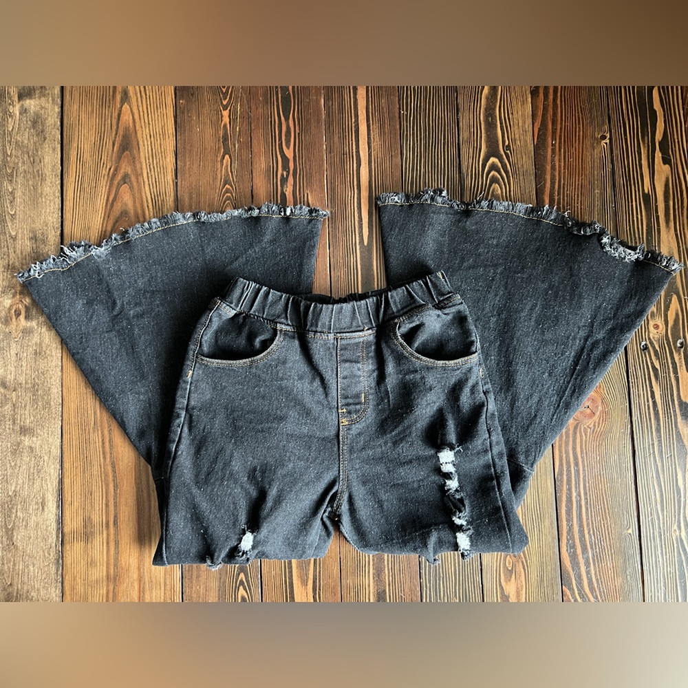 PATPAT • girls wide flare bell bottom black elastic waist black jeans pants 70s